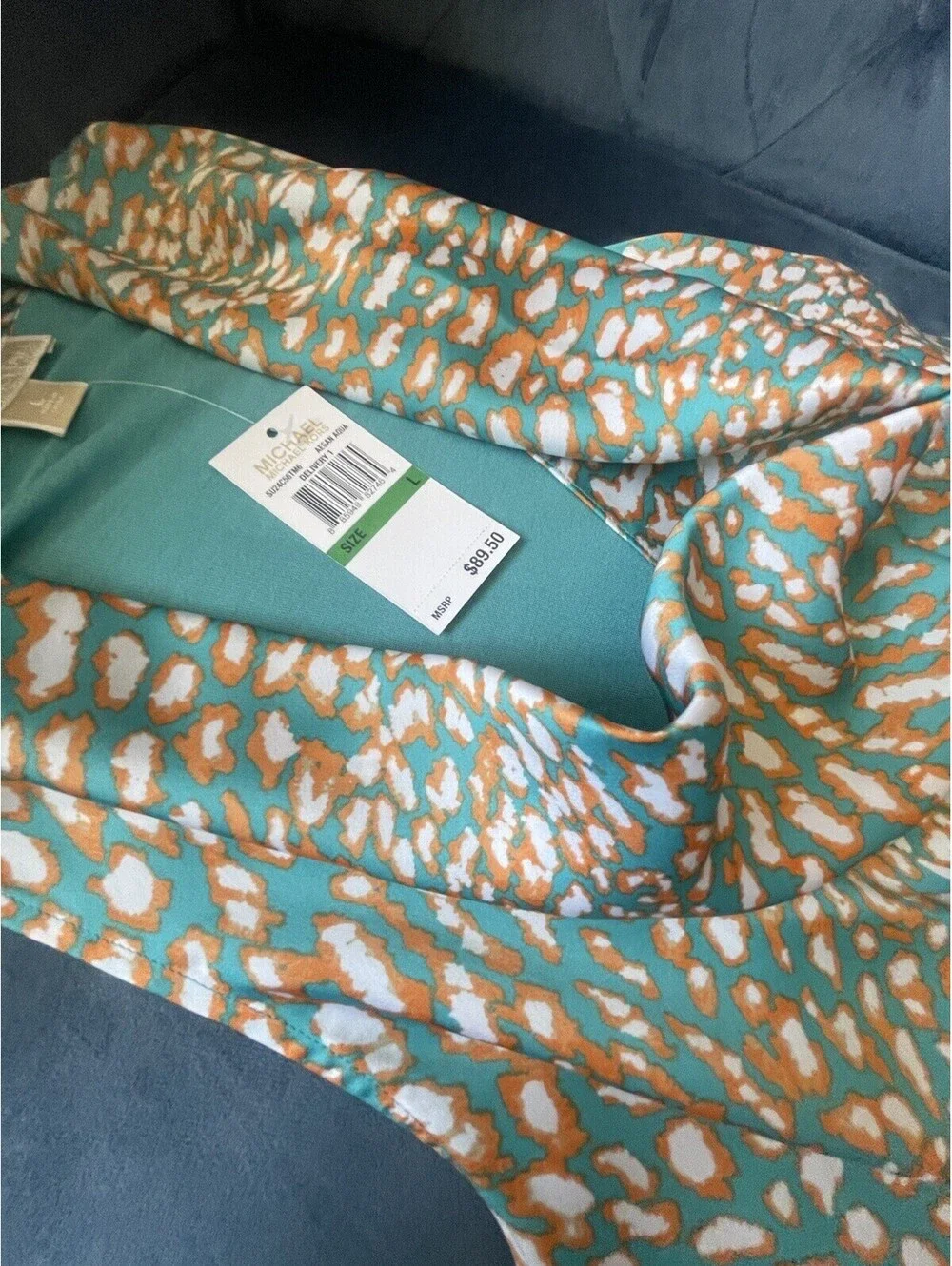 MICHAEL KORS Sleeveless Top Tunic L Teal Orange Satin Drape Cowl Pullover NEW